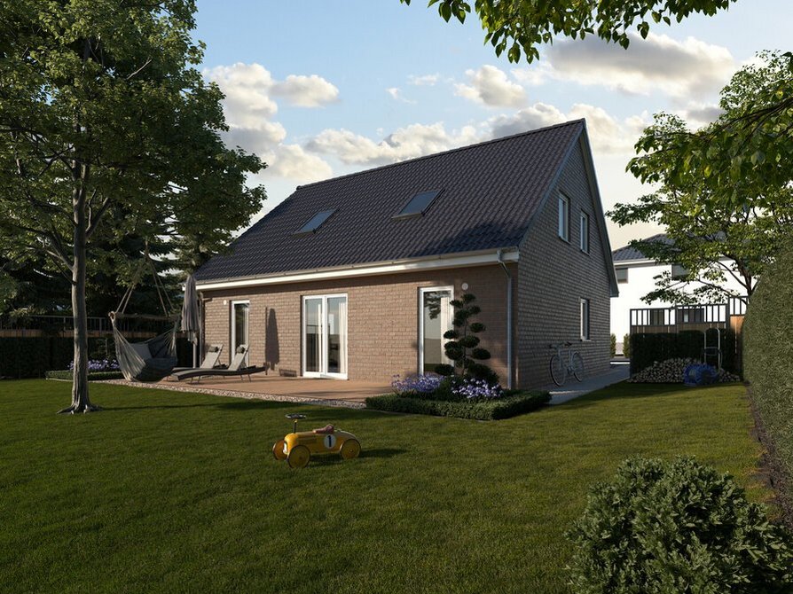 Die Klinker 2 Variante des Mitwachshauses Flair 148 beeindruckt mit einem modernen Anthrazit-Satteldach und bodentiefen Fenstern, die für lichtdurchflutete Räume sorgen und einen herrlichen Gartenblick ermöglichen.